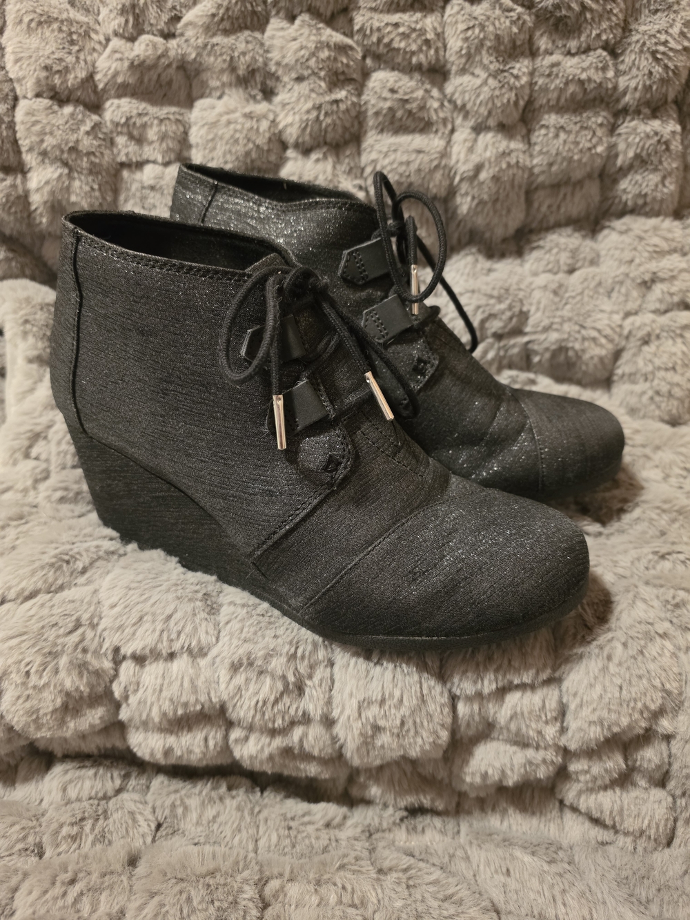 Toms Black Sparkle Lace-Up Wedge Booties